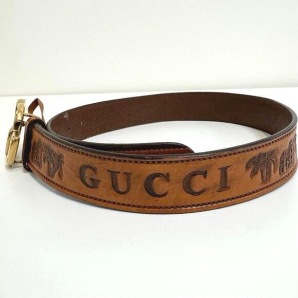 GUCCI Brown Leather Loved Double G Gold Buckle Belt 75 Embossed Logo Palm Tree main image 2